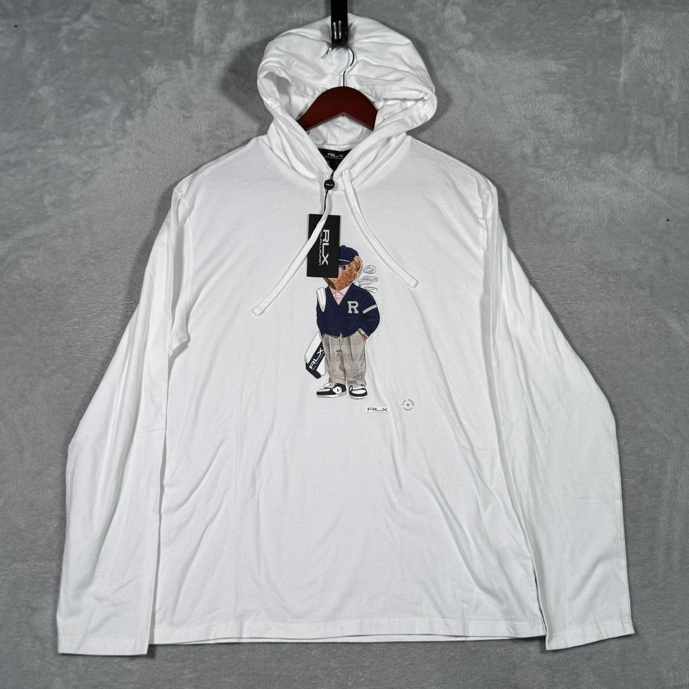 RLX Ralph Lauren Hoodie Mens Medium White Polo Bear Golf Pullover Shirt Top